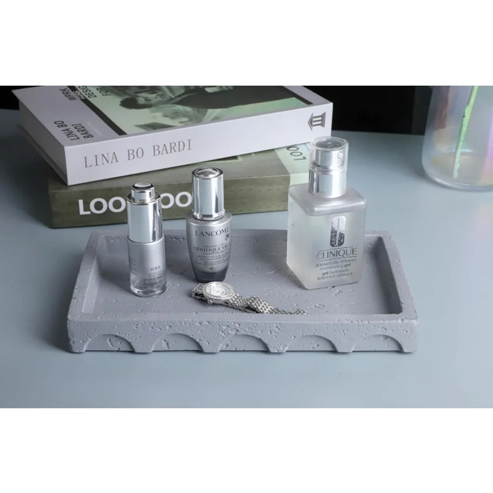 Decorative Tray with Semi-Circular Pattern - Rectangular Concrete 9.8X5.8X1.2 in